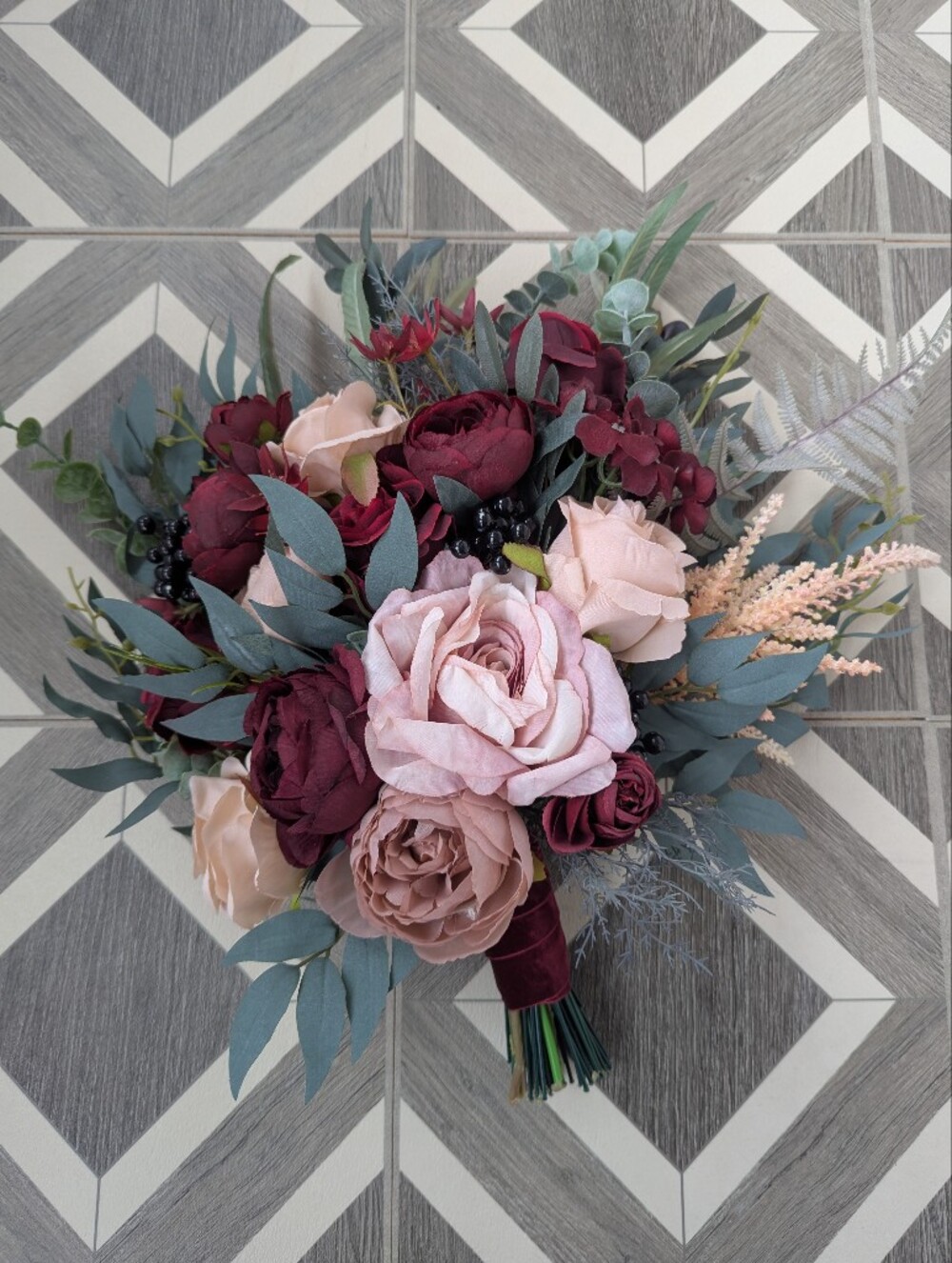 New! Bridal Wedding Bouquet Faux Florals Burgundy Fall Winter Wedding